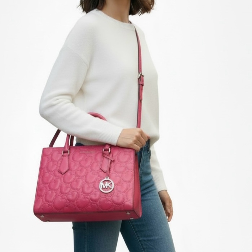 Michael Kors Sheila Medium Heart Embroidered Satchel Bag & Phone Wallet Hibiscus - Picture 2 of 15